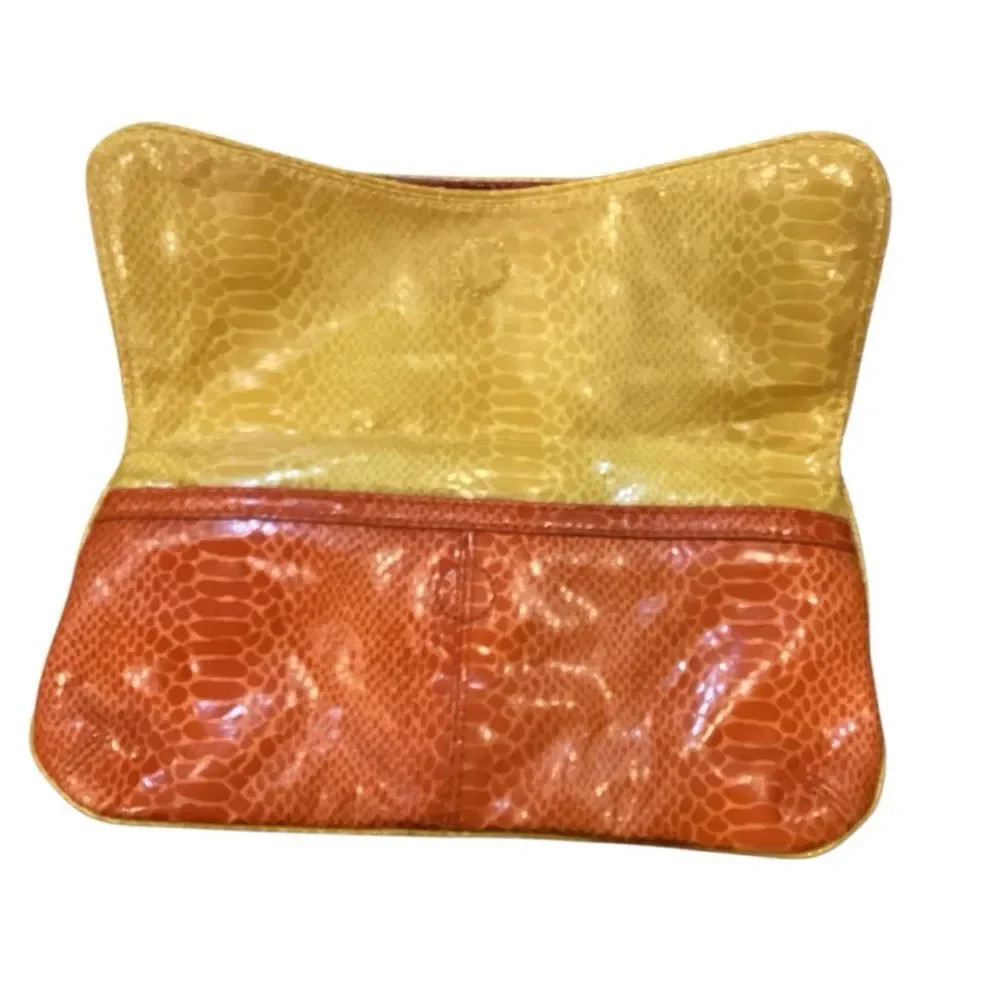 Nine West faux Snake Leather Color-block Fuchsia Yellow Orange Clutch Purse